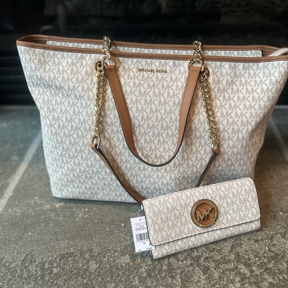 Michael Kors Cream and Tan Tote with Wallet